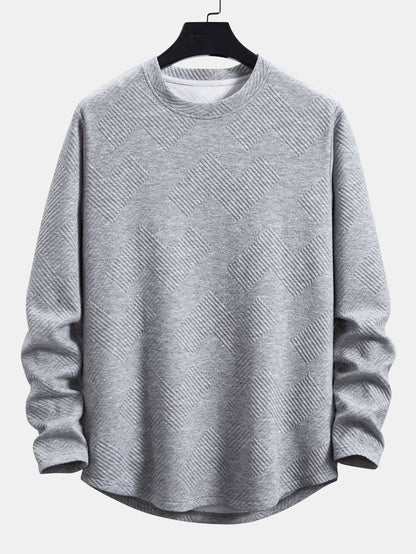 Men’s Stretch Jacquard Long-Sleeve T-Shirt – Textured Crew Neck Casual Layer
