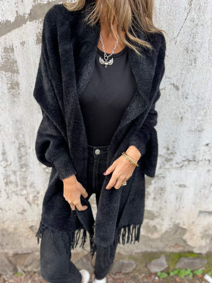 Women’s Long Cardigan – Shawl Collar with Fringed Hem