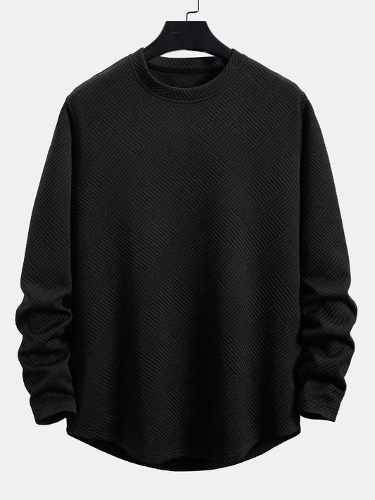 Men’s Stretch Jacquard Long-Sleeve T-Shirt – Textured Crew Neck Casual Layer