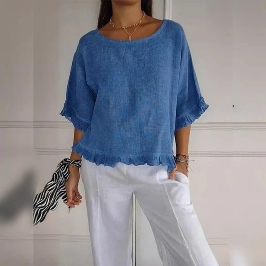 Women’s Ruffle Hem Blouse – Relaxed Half-Sleeve Top for Spring and Summer Wear