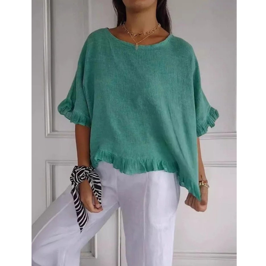 Women’s Ruffle Hem Blouse – Relaxed Half-Sleeve Top for Spring and Summer Wear