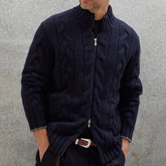 Men’s Cable-Knit Zip Cardigan – Stand-Collar Long-Sleeve Sweater with Textured Knit for Smart Casual Layering
