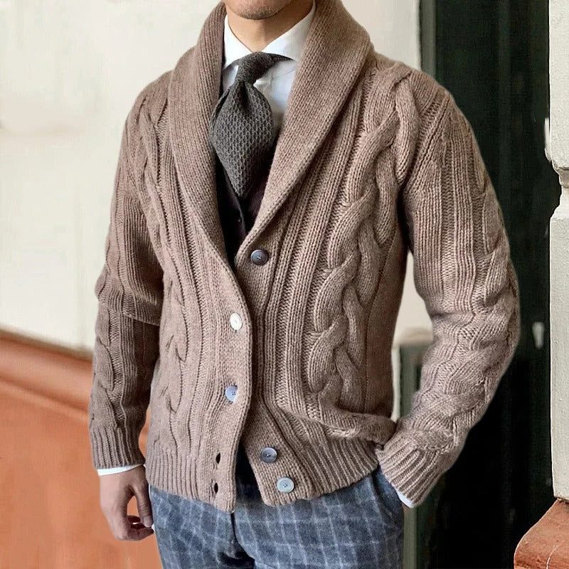 Men’s Cable-Knit Shawl Collar Cardigan – Button-Front Sweater with Textured Knit for Smart Casual Layering