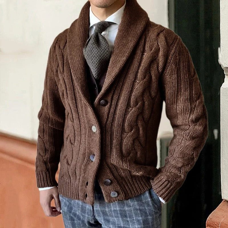 Men’s Cable-Knit Shawl Collar Cardigan – Button-Front Sweater with Textured Knit for Smart Casual Layering