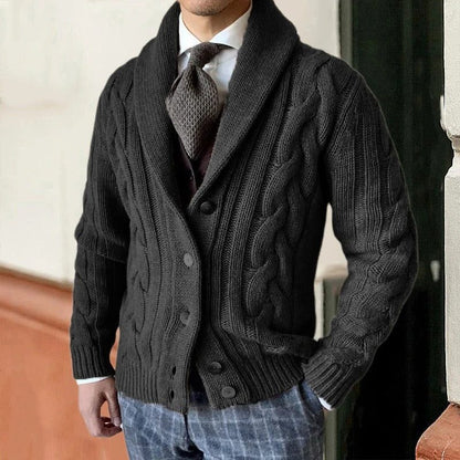 Men’s Cable-Knit Shawl Collar Cardigan – Button-Front Sweater with Textured Knit for Smart Casual Layering