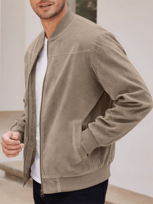 Men’s Suede Bomber Jacket – Minimal Zip-Front Layer with Ribbed Trims