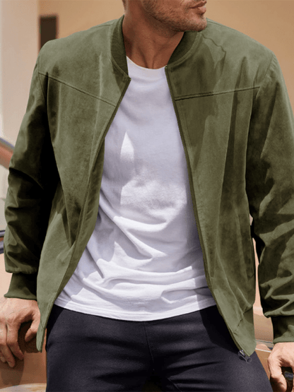 Men’s Suede Bomber Jacket – Minimal Zip-Front Layer with Ribbed Trims