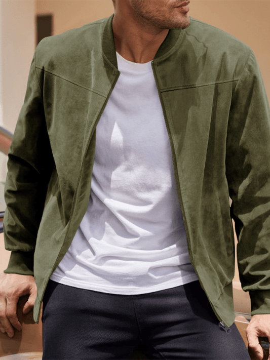 Men’s Suede Bomber Jacket – Minimal Zip-Front Layer with Ribbed Trims