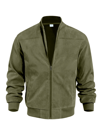 Men’s Suede Bomber Jacket – Minimal Zip-Front Layer with Ribbed Trims