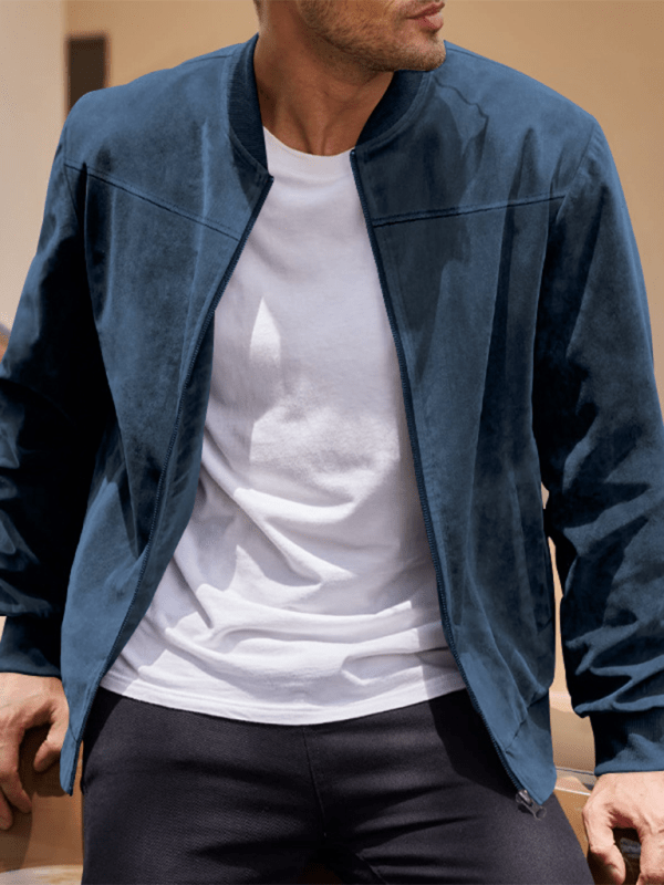 Men’s Suede Bomber Jacket – Minimal Zip-Front Layer with Ribbed Trims