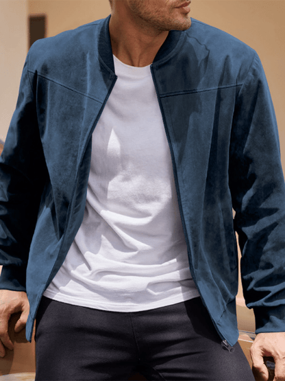Men’s Suede Bomber Jacket – Minimal Zip-Front Layer with Ribbed Trims