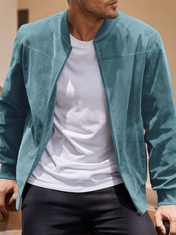 Men’s Suede Bomber Jacket – Minimal Zip-Front Layer with Ribbed Trims