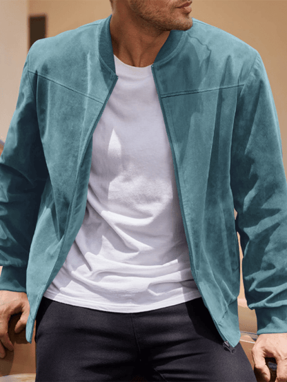 Men’s Suede Bomber Jacket – Minimal Zip-Front Layer with Ribbed Trims