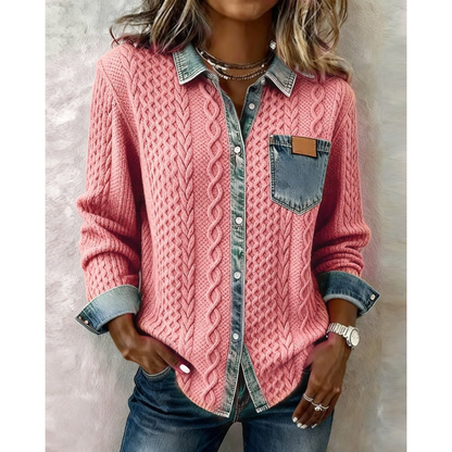 Women’s Cable Knit Shirt Blouse – Denim-Trim Button-Up Layer for Casual and Office Wear