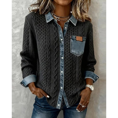 Women’s Cable Knit Shirt Blouse – Denim-Trim Button-Up Layer for Casual and Office Wear