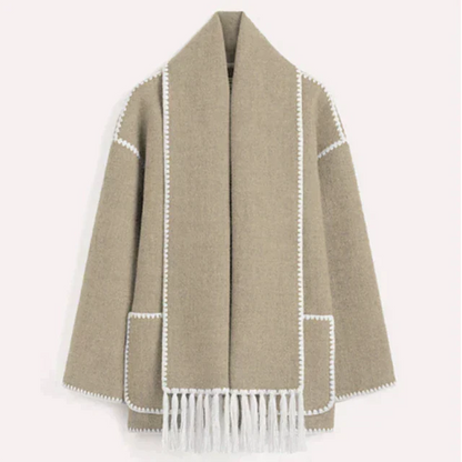 Women’s Oversized Scarf-Detail Winter Jacket – Contrast-Stitch Button Layer for Cold-Weather Styling