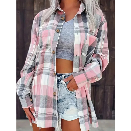 Women’s Oversized Flannel Shirt – Relaxed Checked Layer for Autumn and Winter Wear