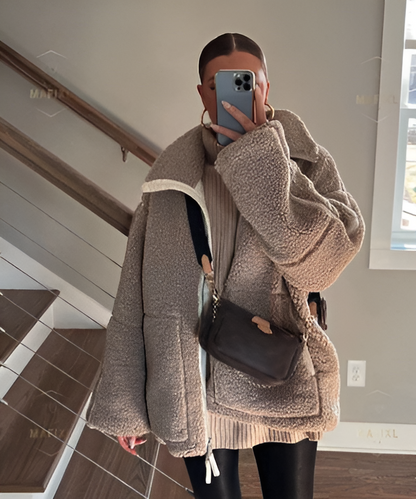 Women’s Oversized Teddy Coat – Lapel Collar with Large Patch Pockets