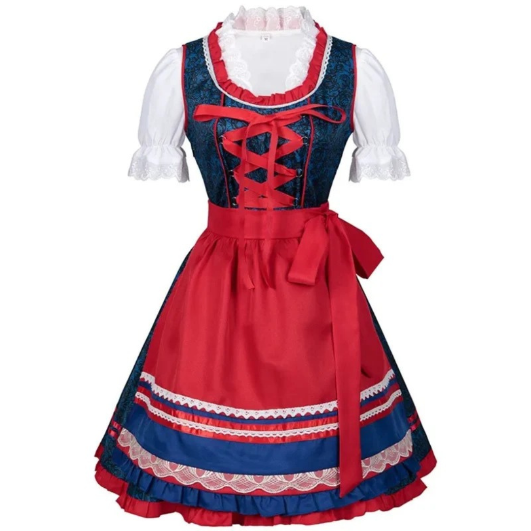 Women’s Traditional Festival Dirndl – Ribbon Bodice Dress with Layered Apron Skirt