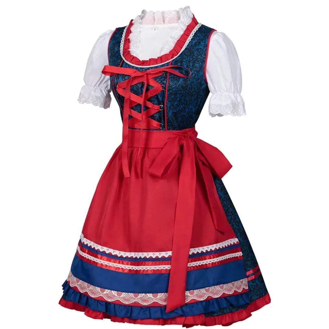 Women’s Traditional Festival Dirndl – Ribbon Bodice Dress with Layered Apron Skirt