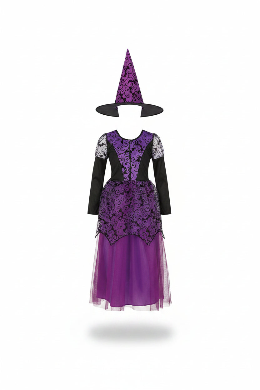 Children's Purple Bat Witch Dress and Hat Halloween Costume