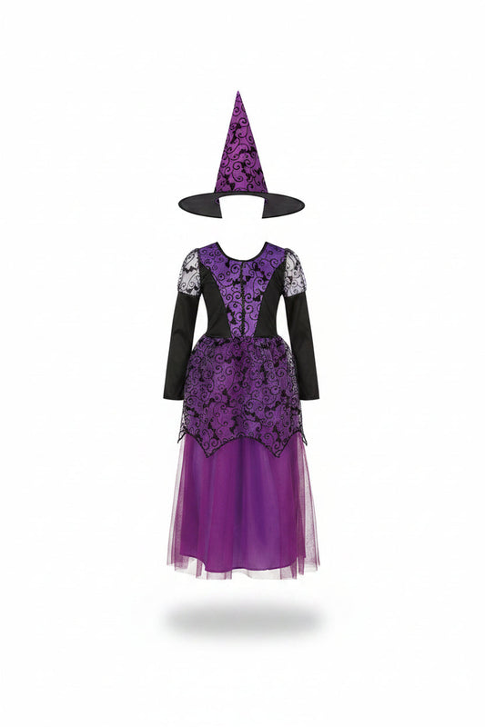 Children's Purple Bat Witch Dress and Hat Halloween Costume