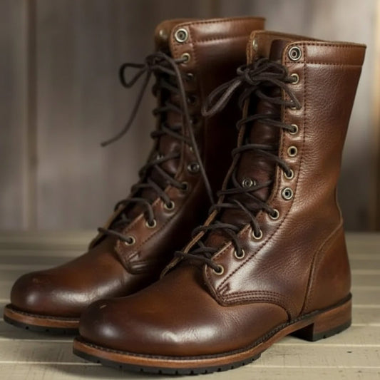 Women’s Lace-Up Mid-Calf Boots – Low Block-Heel Boots with Metal Eyelets and Lug Sole for Seasonal Wear