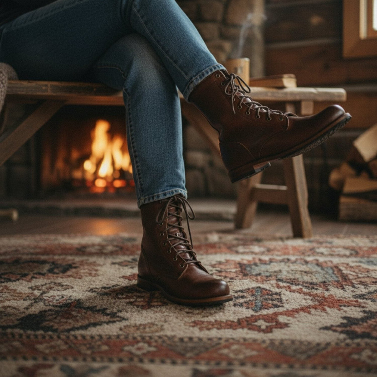 Women’s Lace-Up Mid-Calf Boots – Low Block-Heel Boots with Metal Eyelets and Lug Sole for Seasonal Wear