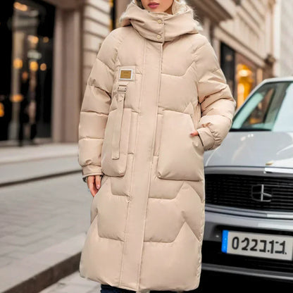 Women’s Longline Hooded Down Puffer Coat – Insulated Utility-Pocket Winter Layer for Cold-Weather Wear