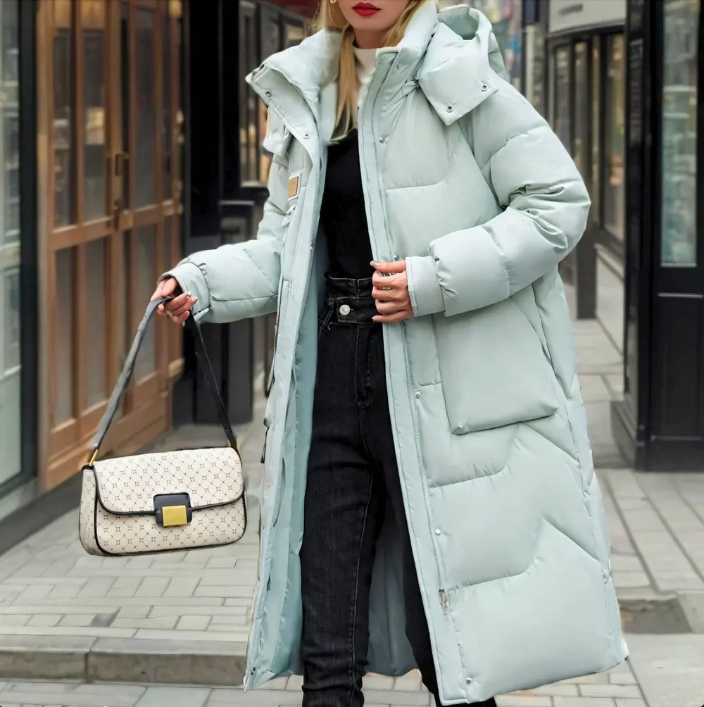 Women’s Longline Hooded Down Puffer Coat – Insulated Utility-Pocket Winter Layer for Cold-Weather Wear