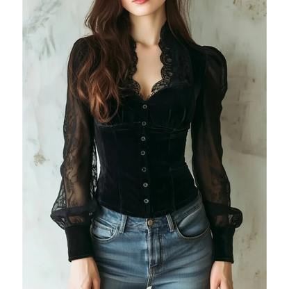 Women’s Lace Detail Blouse – Fitted Long-Sleeve Style for Evening and Smart Wear