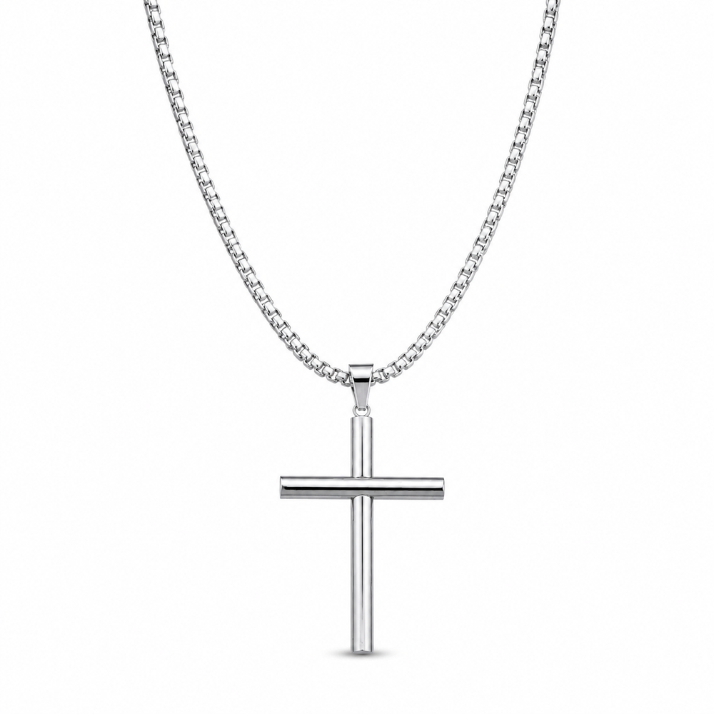 Large silver cylindrical cross necklace on white