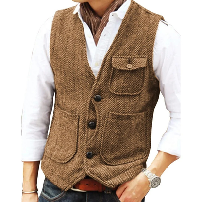 Men’s Herringbone Traditional Waistcoat – Multi-Pocket Heritage Layer for Festivals and Casual Wear
