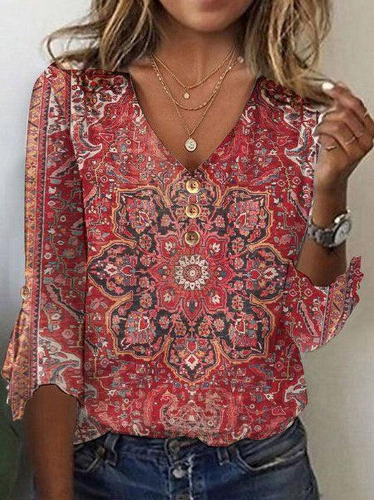 Women’s Printed V-Neck Blouse – Relaxed Summer Top for Weekend and Everyday Wear