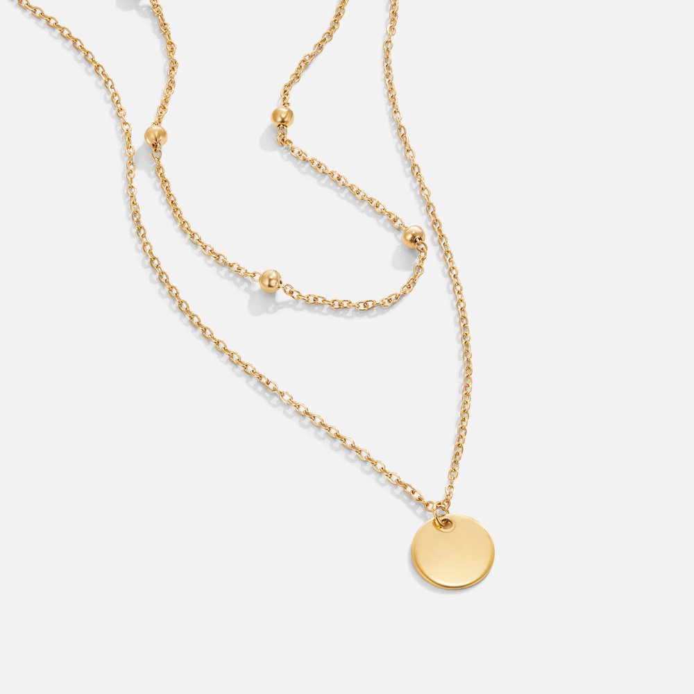 Women’s Layered Pendant Necklace – Gold-Plated Double Chain with Beaded Detail and Round Disc Charm for Everyday Wear