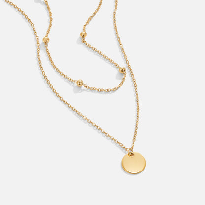 Women’s Layered Pendant Necklace – Gold-Plated Double Chain with Beaded Detail and Round Disc Charm for Everyday Wear