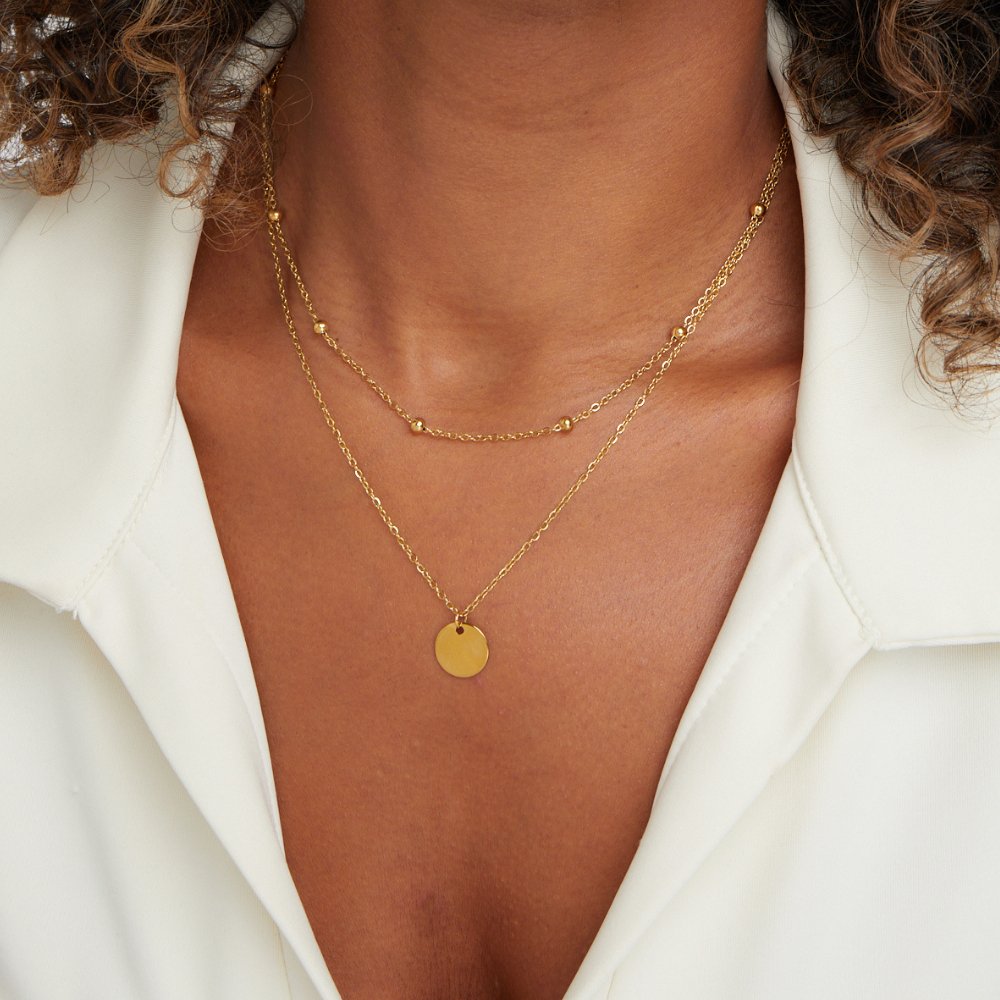 Women’s Layered Pendant Necklace – Gold-Plated Double Chain with Beaded Detail and Round Disc Charm for Everyday Wear