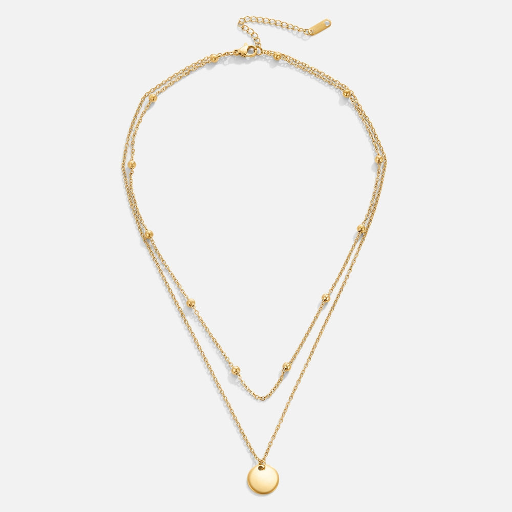Women’s Layered Pendant Necklace – Gold-Plated Double Chain with Beaded Detail and Round Disc Charm for Everyday Wear