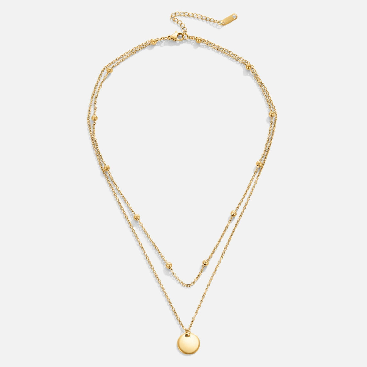 Women’s Layered Pendant Necklace – Gold-Plated Double Chain with Beaded Detail and Round Disc Charm for Everyday Wear