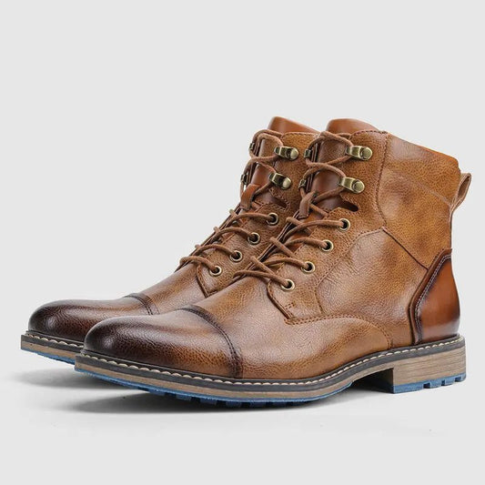 Men’s Leather Lace-Up Boots – Cap-Toe Ankle Boots with Block Heel and Contrast Sole for Smart Casual Wear