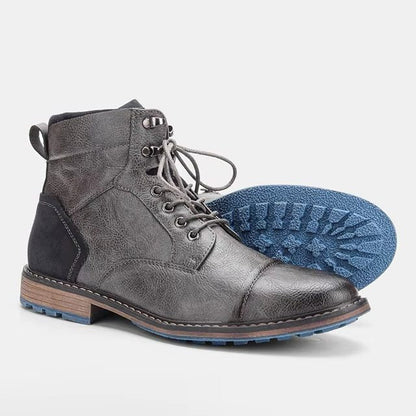 Men’s Leather Lace-Up Boots – Cap-Toe Ankle Boots with Block Heel and Contrast Sole for Smart Casual Wear