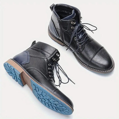 Men’s Leather Lace-Up Boots – Cap-Toe Ankle Boots with Block Heel and Contrast Sole for Smart Casual Wear
