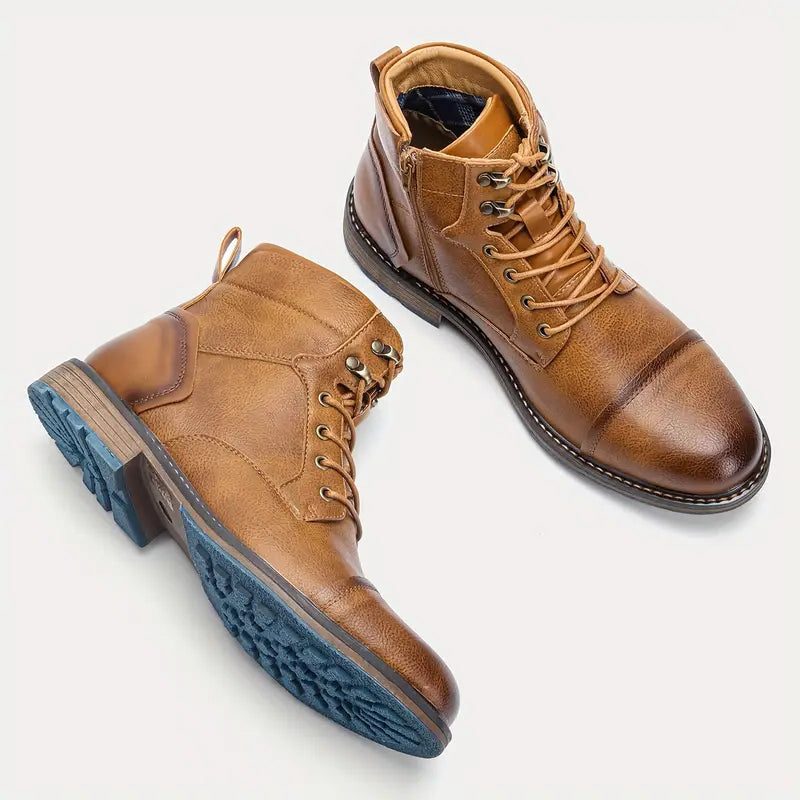 Men’s Leather Lace-Up Boots – Cap-Toe Ankle Boots with Block Heel and Contrast Sole for Smart Casual Wear