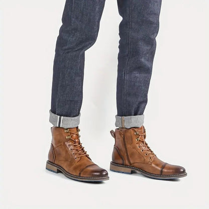 Men’s Leather Lace-Up Boots – Cap-Toe Ankle Boots with Block Heel and Contrast Sole for Smart Casual Wear