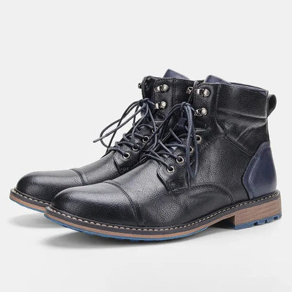 Men’s Leather Lace-Up Boots – Cap-Toe Ankle Boots with Block Heel and Contrast Sole for Smart Casual Wear