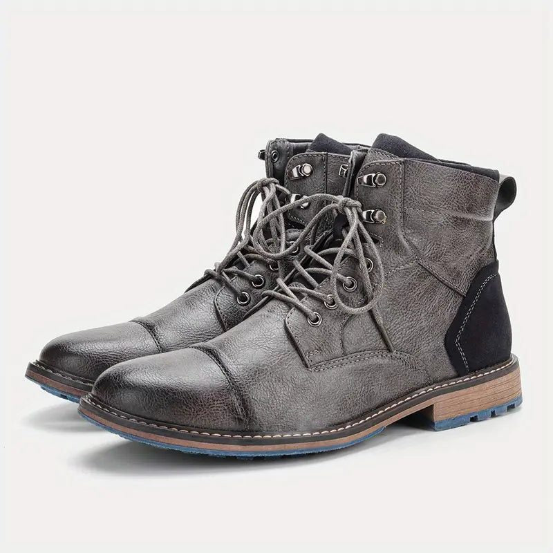 Men’s Leather Lace-Up Boots – Cap-Toe Ankle Boots with Block Heel and Contrast Sole for Smart Casual Wear