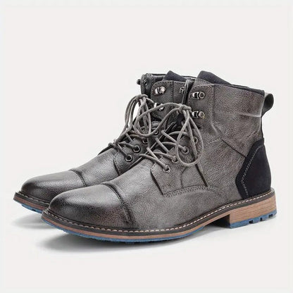 Men’s Leather Lace-Up Boots – Cap-Toe Ankle Boots with Block Heel and Contrast Sole for Smart Casual Wear