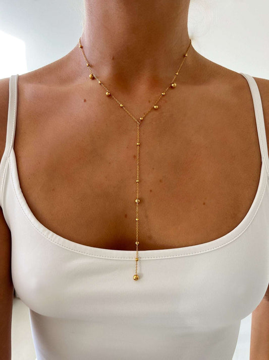 Women’s Gold-Tone Y Necklace – Stainless Steel Beaded Drop Chain for Layered Everyday and Evening Styling