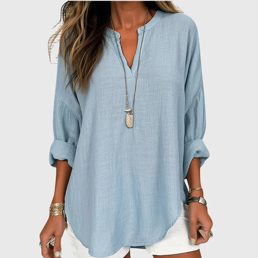 Women’s Relaxed Split-Neck Blouse – Lightweight Long-Sleeve Summer Top for Everyday Wear