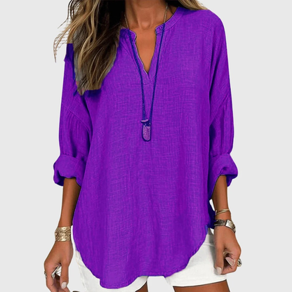 Women’s Relaxed Split-Neck Blouse – Lightweight Long-Sleeve Summer Top for Everyday Wear
